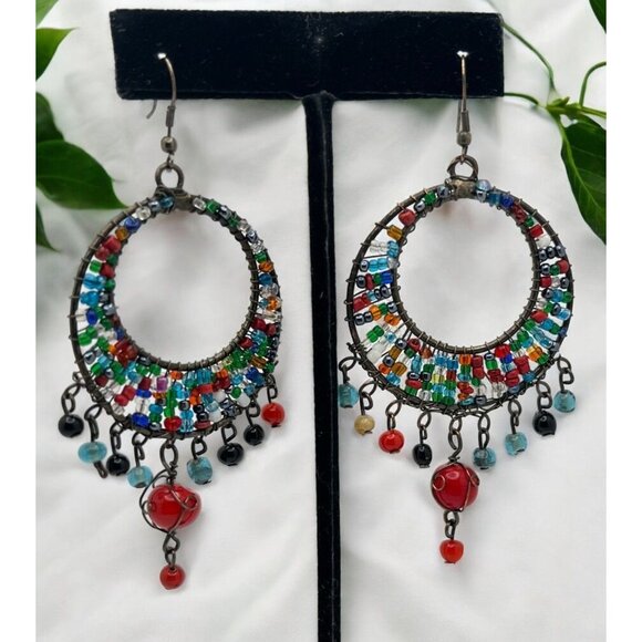 Colorful Beaded Hoop Earrings with Dangle Accents Silver Tone Seed Bead Rainbow - Picture 1 of 6